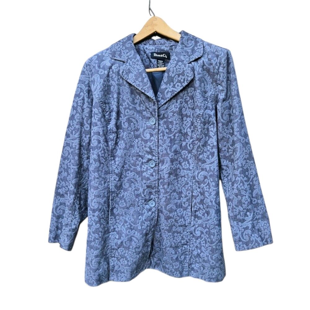 Denim & Co Blue Floral Corduroy Jacket Coat Medium Bohemian Hippie Festival